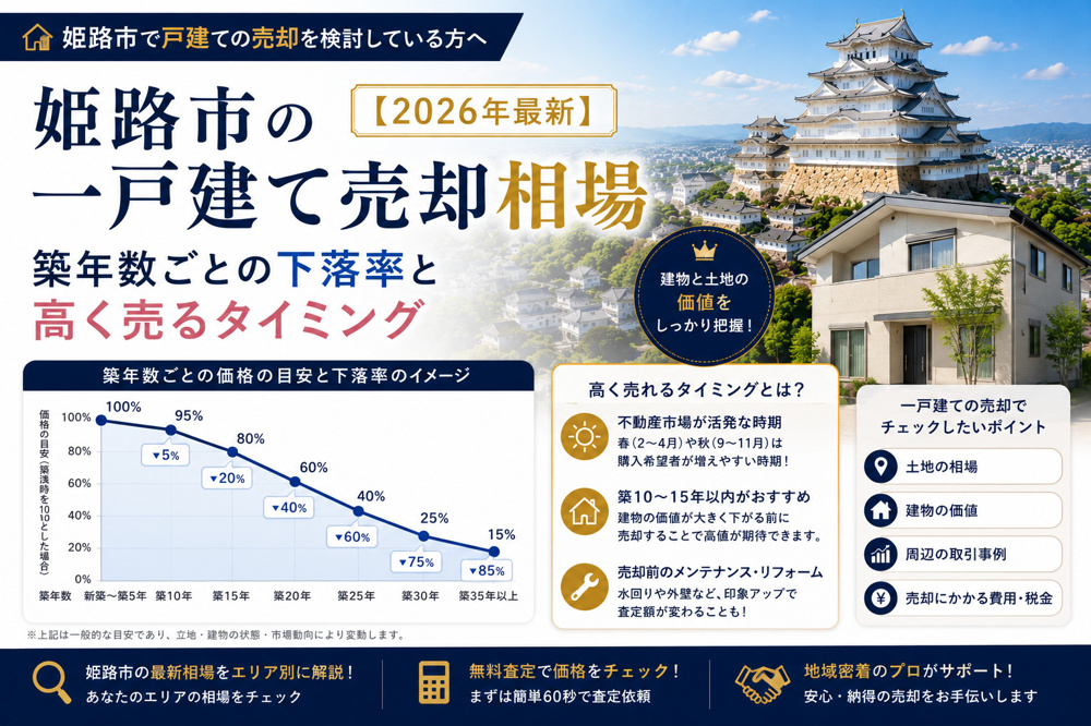 姫路市の一戸建て売却相場【2026年最新】｜築年数ごとの下落率と高く売るタイミングの画像