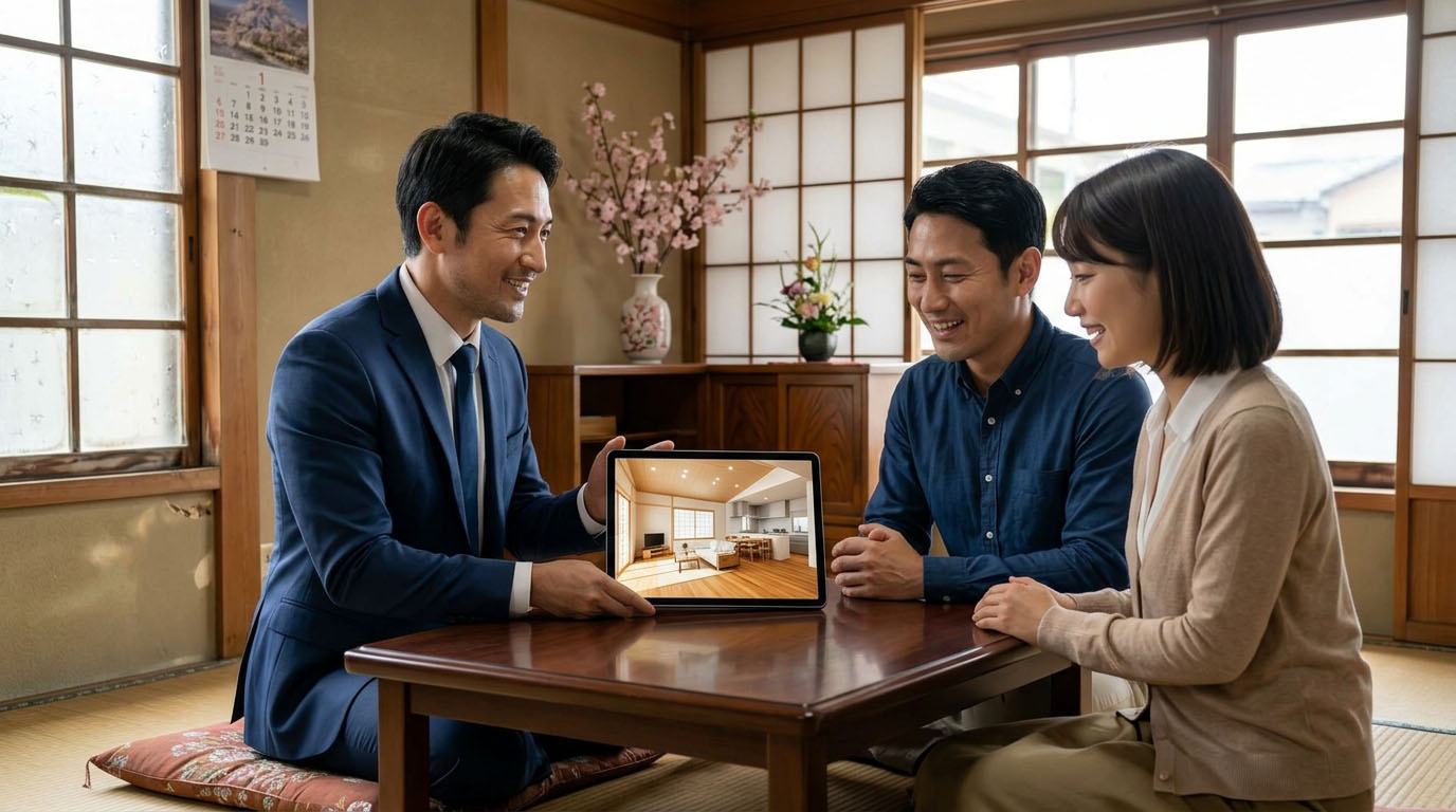 少し古いリビングの横に、美しいリノベーション後のイメージ図を提示して、未来の暮らしを想像させる様子