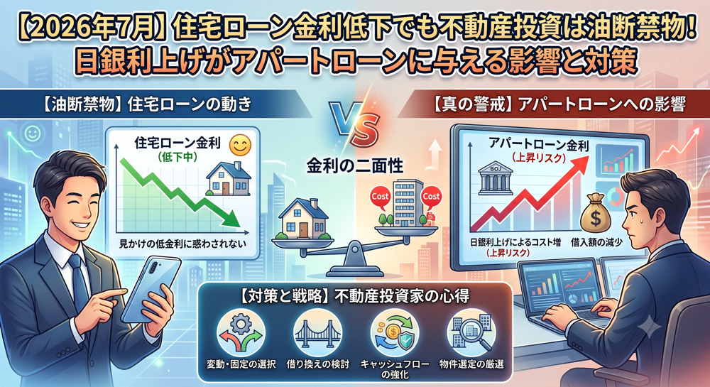 【2026年7月】住宅ローン金利低下でも不動産投資は油断禁物！日銀利上げがアパートローンに与える影響と対策の画像