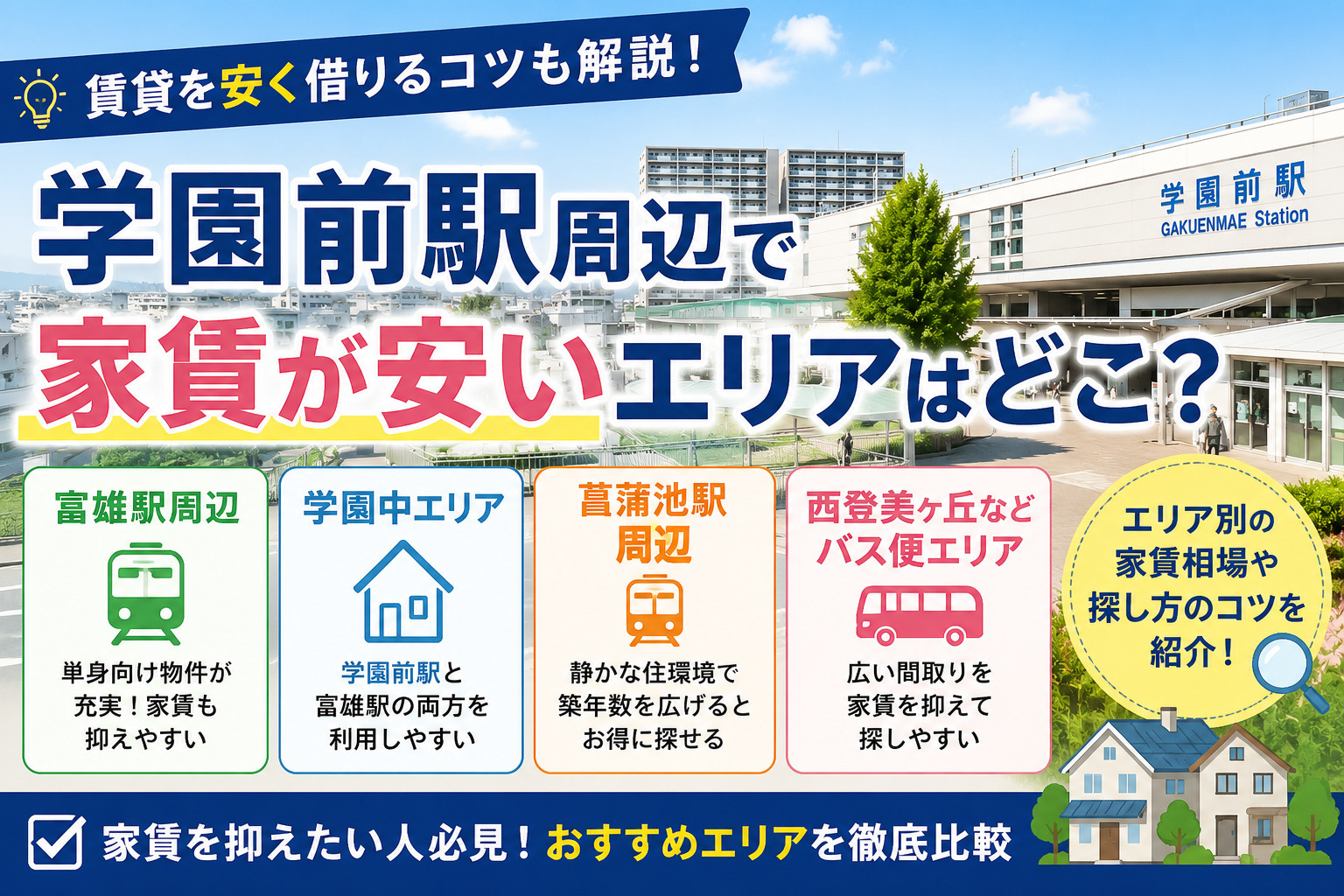 学園前駅周辺で家賃が安いエリアはどこ?富雄・菖蒲池・バス便エリアを比較の画像