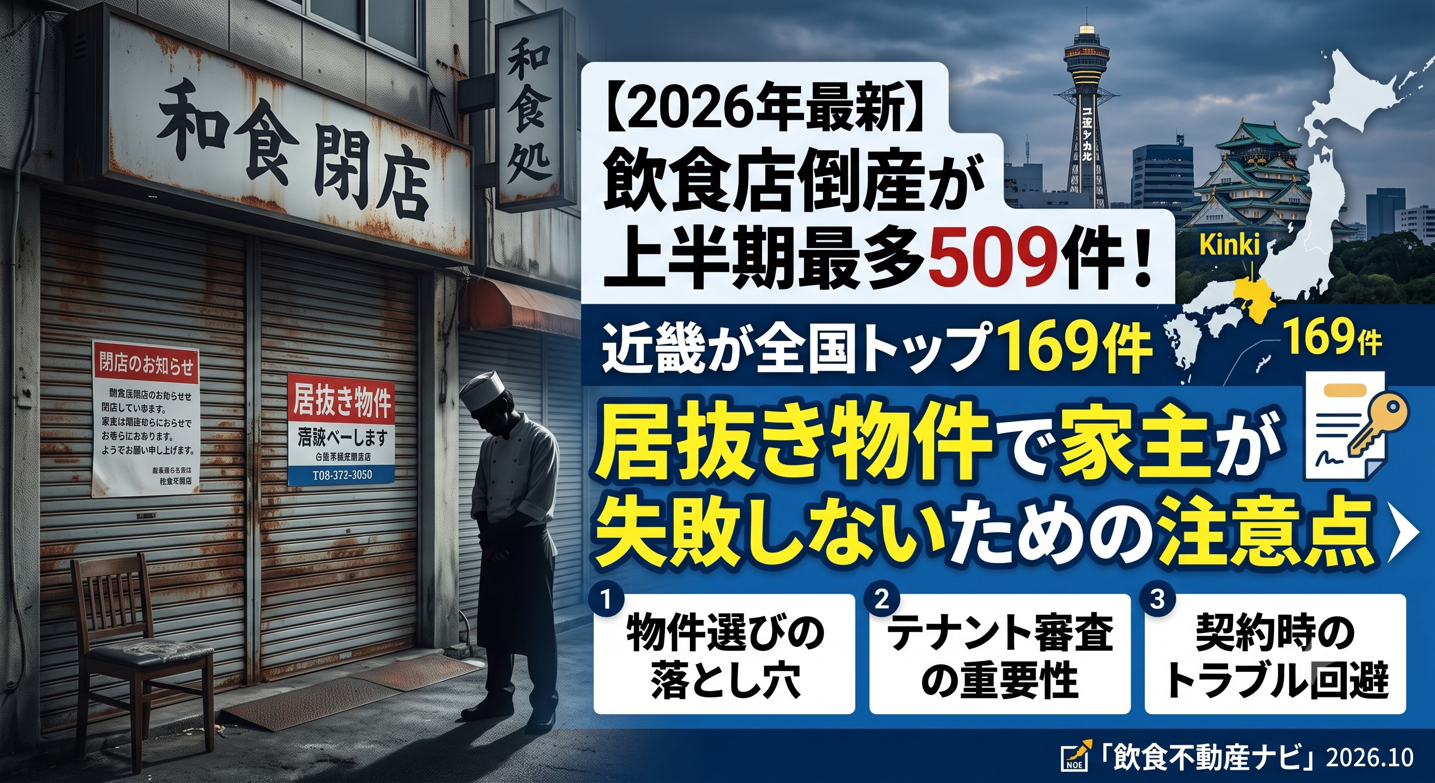 【2026年最新】飲食店倒産が上半期最多509件！近畿が全国トップ169件——居抜き物件で家主が失敗しないための注意点の画像