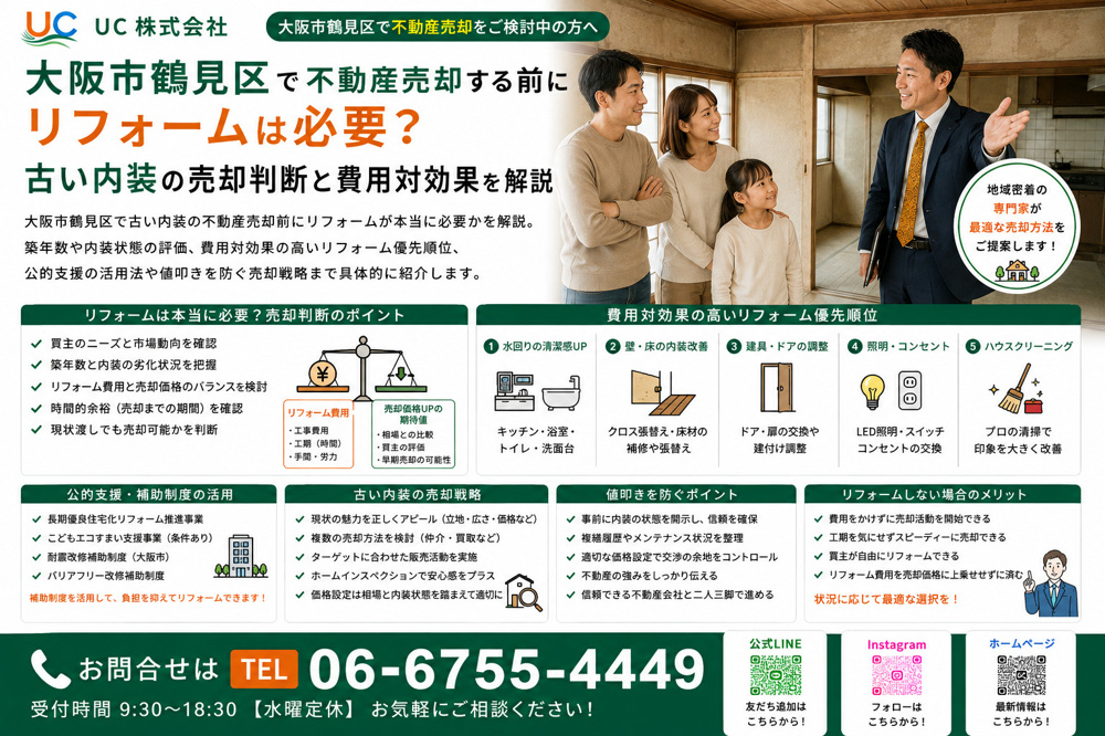 大阪市鶴見区で不動産売却する前にリフォームは必要？古い内装の売却判断と費用対効果を解説の画像