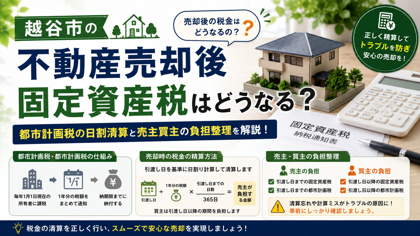 越谷市の不動産売却後固定資産税はどうなる?都市計画税の日割清算と売主買主の負担整理の画像