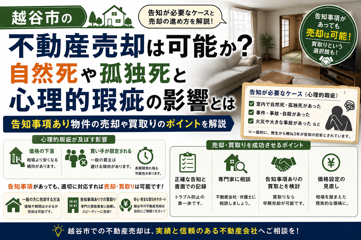 越谷市の不動産売却は可能か?自然死や孤独死と心理的瑕疵の影響や告知事項あり買取りのポイントの画像