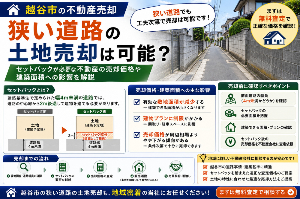 越谷市の狭い道路の土地売却は可能？セットバックが必要な不動産の売却価格や建築面積への影響を解説の画像