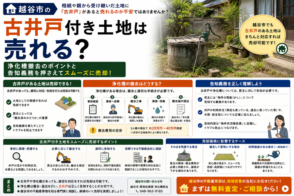 越谷市の古井戸付き土地は売れる？浄化槽撤去と告知義務を押さえて不動産売却の画像