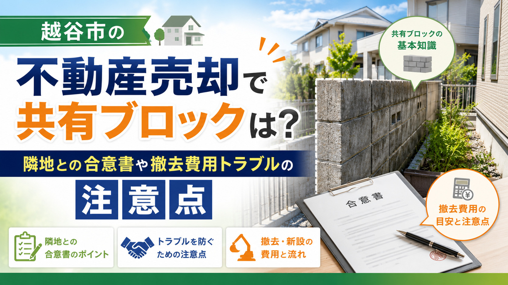 越谷市の不動産売却で共有ブロックは？隣地との合意書や撤去費用トラブルの注意点の画像