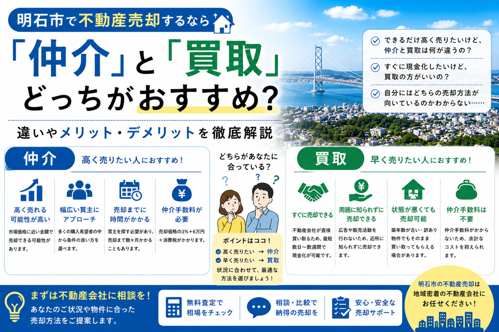 明石市で不動産売却するなら仲介と買取どっち？違いやメリット・デメリットを徹底比較の画像