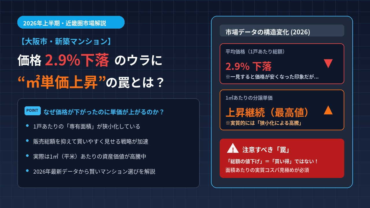 大阪市の新築マンション、価格2.9%下落のウラに「㎡単価上昇の罠」【2026年上半期】近畿マンション市場を解説の画像