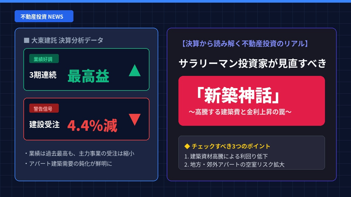 大東建託が3期連続最高益でも建設受注は4.4%減!サラリーマン投資家が見直すべき「新築神話」の画像