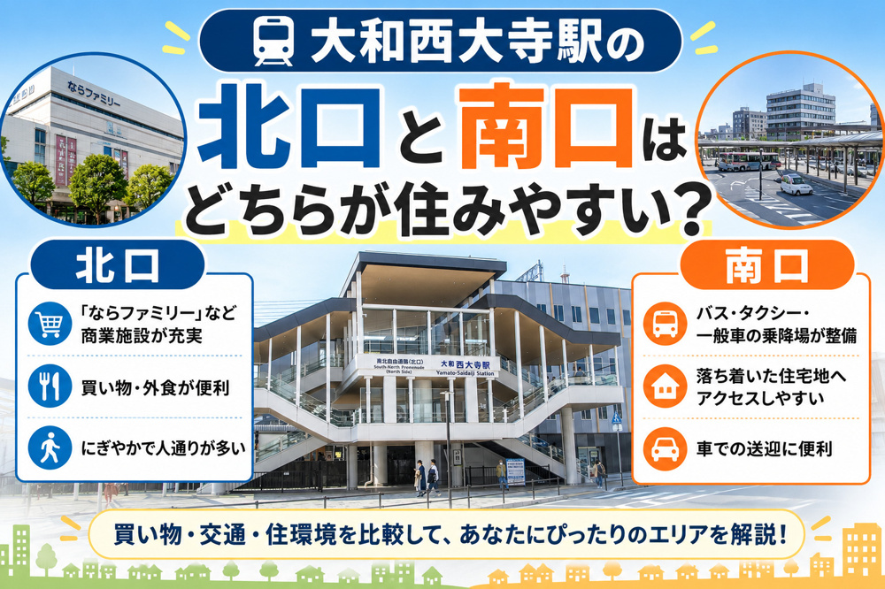 大和西大寺駅の北口と南口はどちらが住みやすい?買い物・交通・住環境を比較の画像