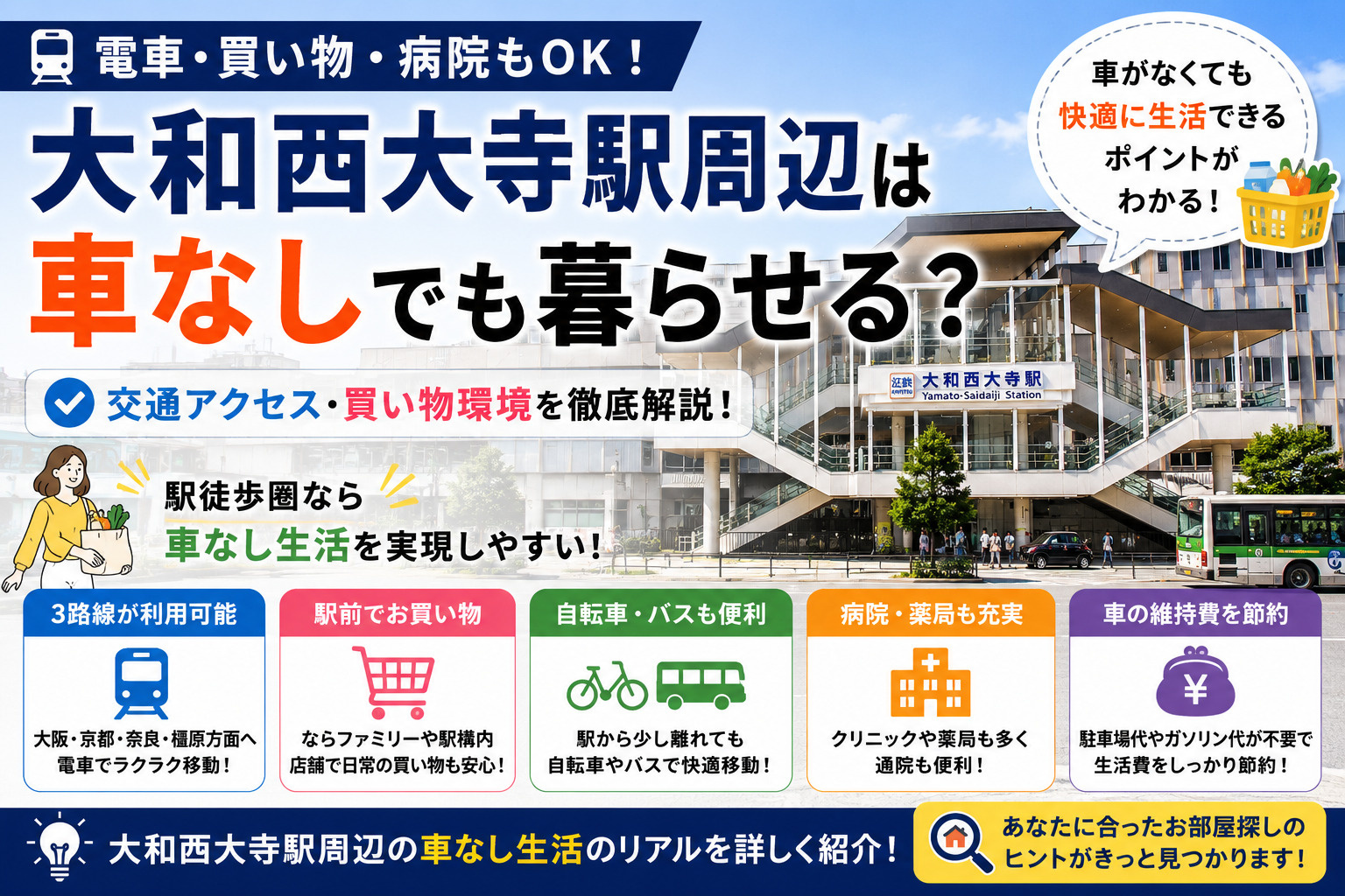 大和西大寺駅周辺は車なしでも暮らせる？電車・買い物・自転車・バス事情を解説の画像