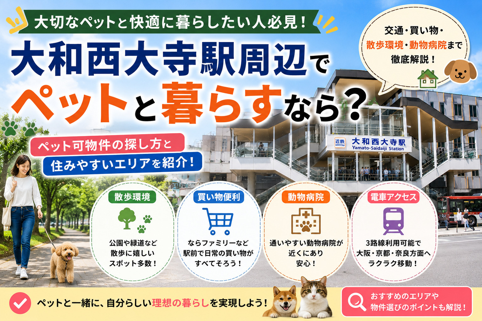 大和西大寺駅周辺でペットと暮らすなら？ペット可賃貸・散歩・通院環境を解説の画像