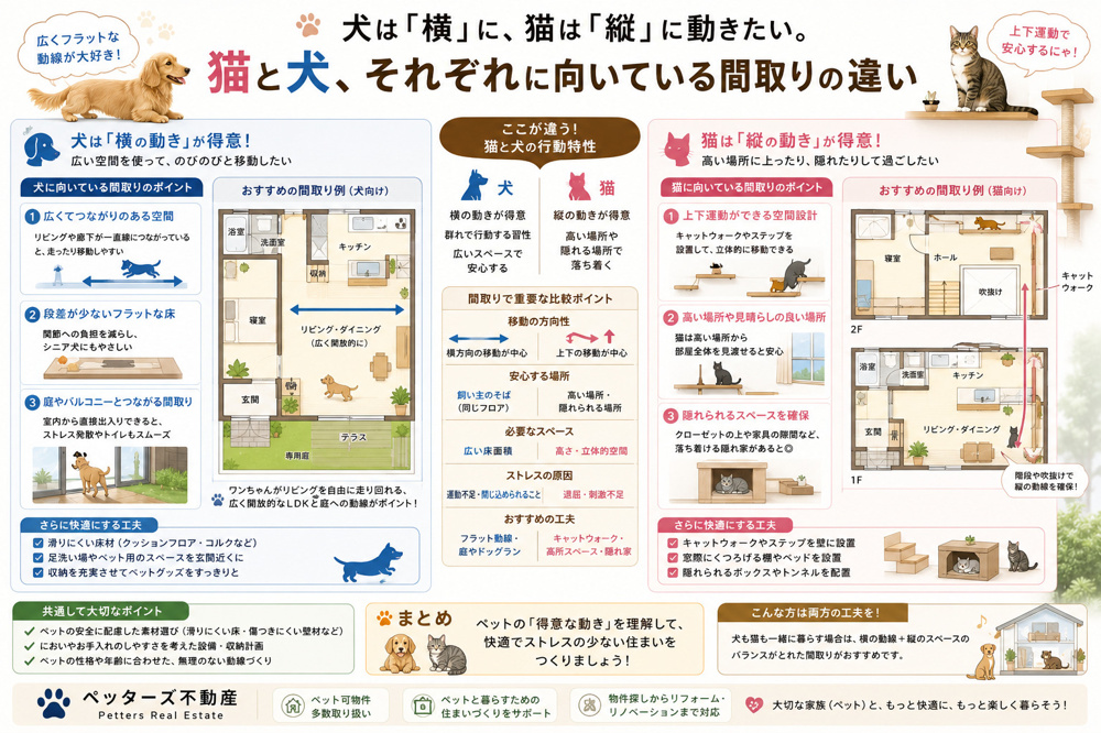 犬は「横」に、猫は「縦」に動きたい。 猫と犬、それぞれに向いている間取りの違いの画像