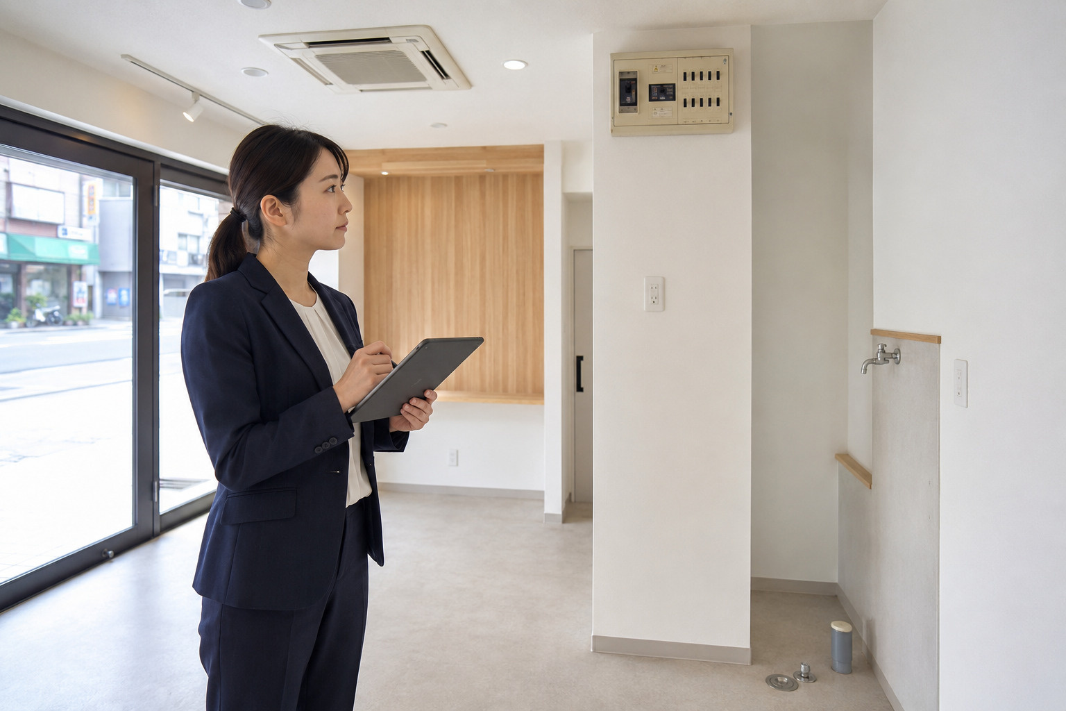 テナント室内の電気設備や給排水設備を確認する担当者