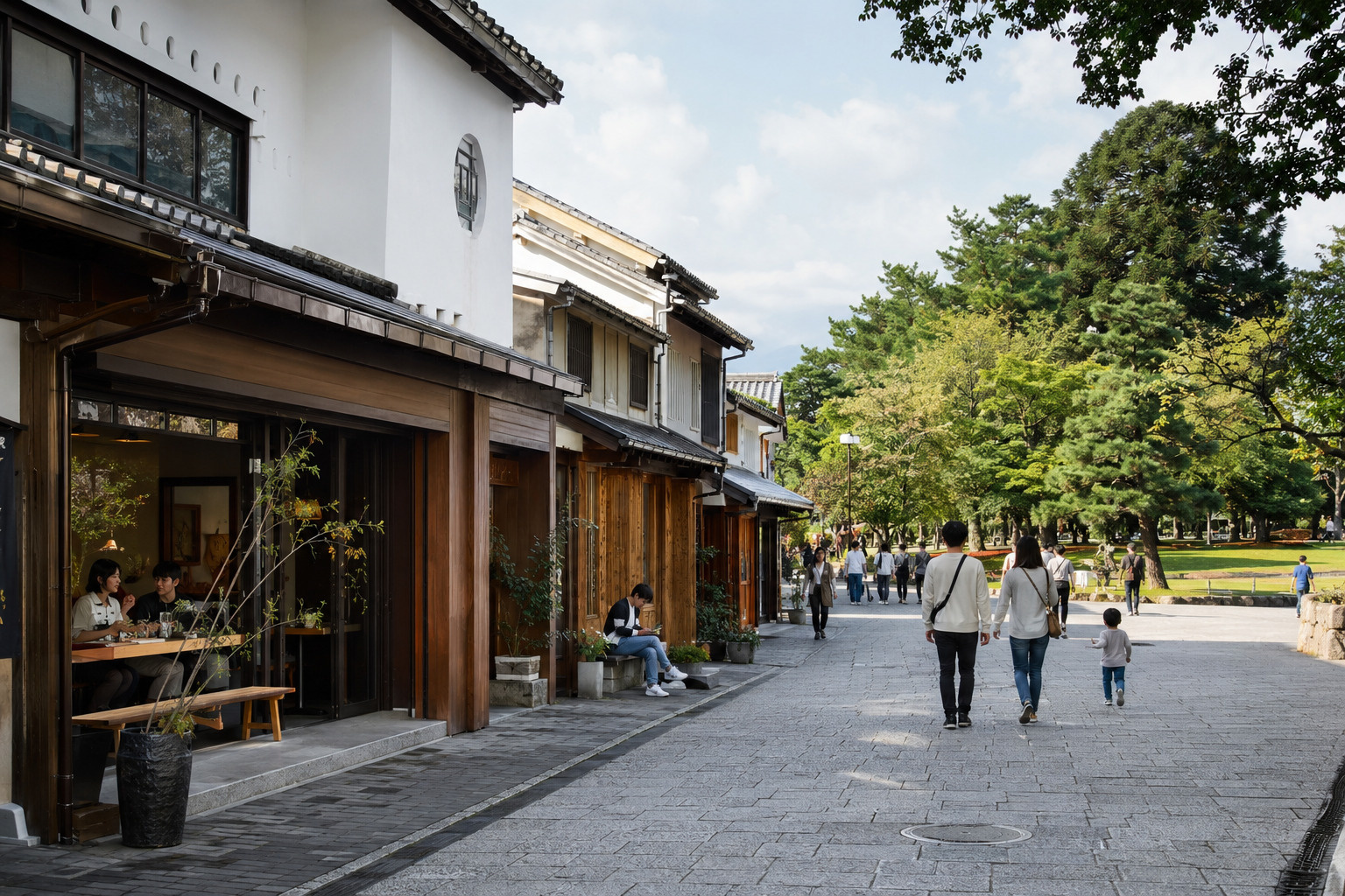 歴史ある街道沿いの店舗と緑地のイメージ