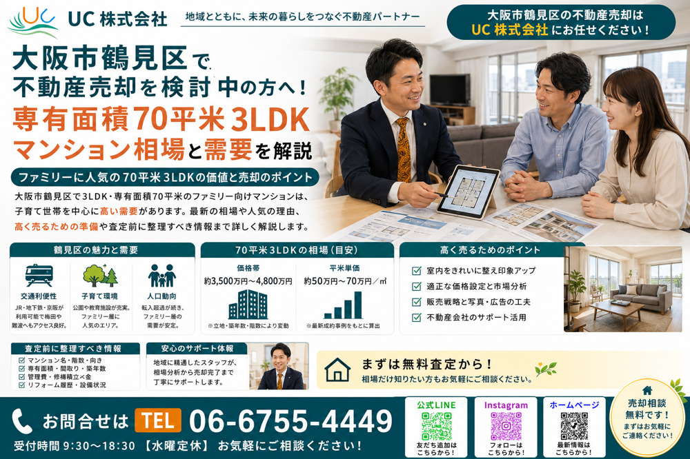 大阪市鶴見区で不動産売却を検討中の方へ！専有面積70平米3LDKマンション相場と需要を解説の画像