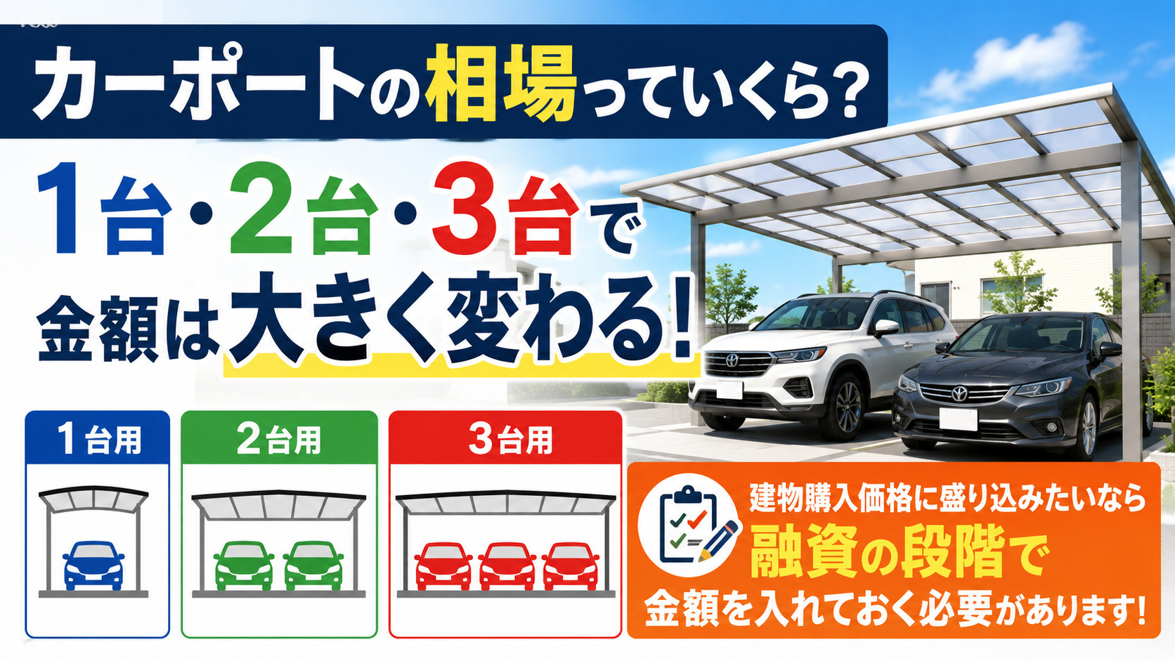 カーポートの相場っていくら?1台・2台・3台でこんなに違う!住宅ローンで後悔しないためのポイントも解説の画像