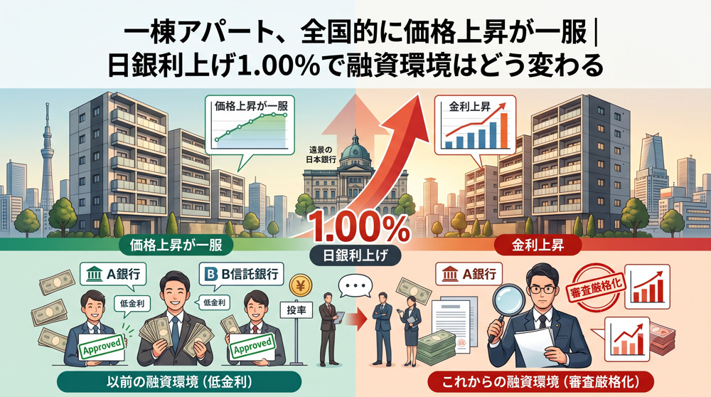 一棟アパート、全国的に価格上昇が一服｜日銀利上げ1.00%で融資環境はどう変わるの画像