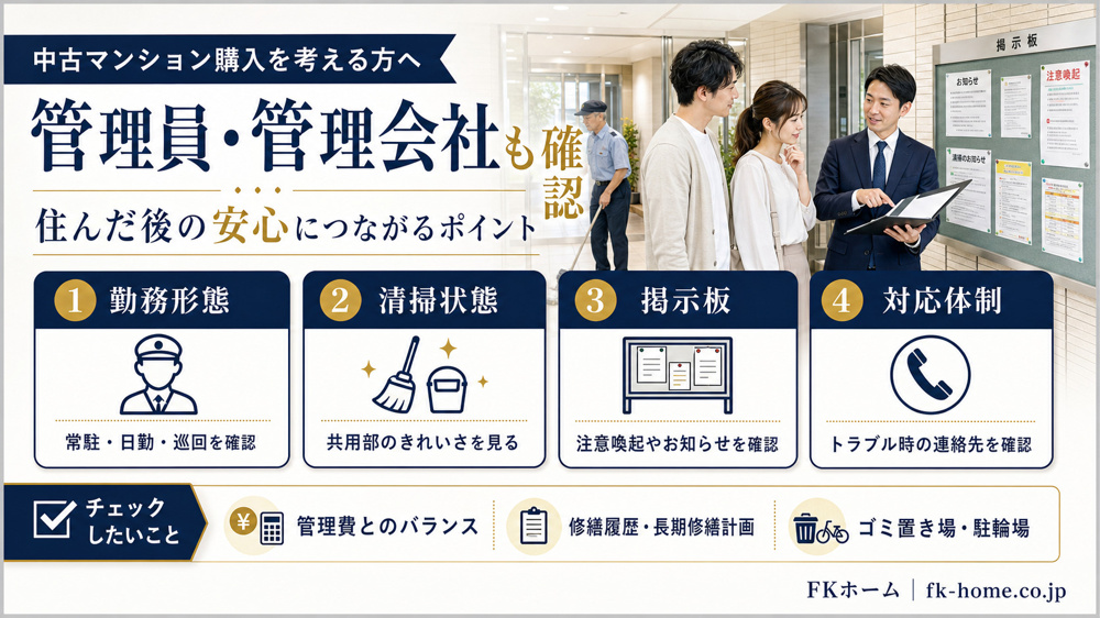 中古マンション購入で管理員・管理会社はどこを見る？勤務形態・清掃・トラブル対応の確認ポイントの画像
