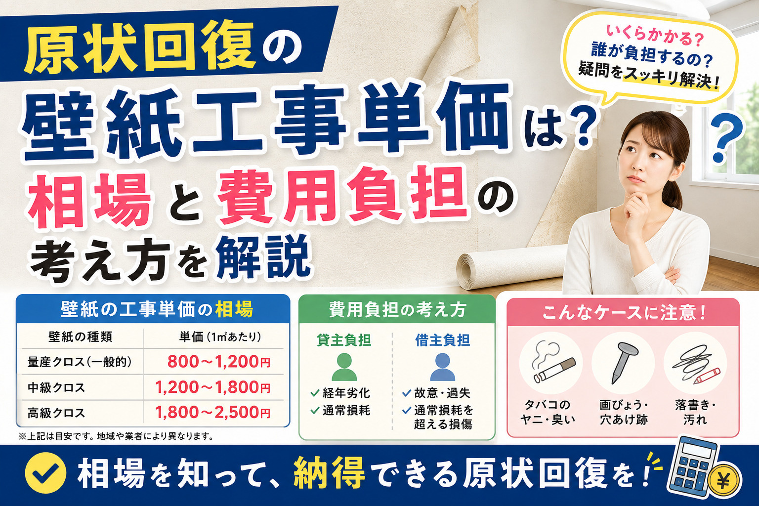 原状回復の壁紙工事単価は?相場と費用負担の考え方を解説の画像