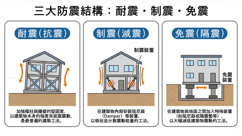 日本房地產的三大防震結構比較圖。圖解說明了三種工法的差異：「耐震（抗震）」透過加強樑柱與牆壁來抵禦震動；「制震（減震）」透過在內部安裝阻尼器來吸收震動；「免震（隔震）」則是在建築與地面間加入特殊裝置，大幅減低震動傳導。