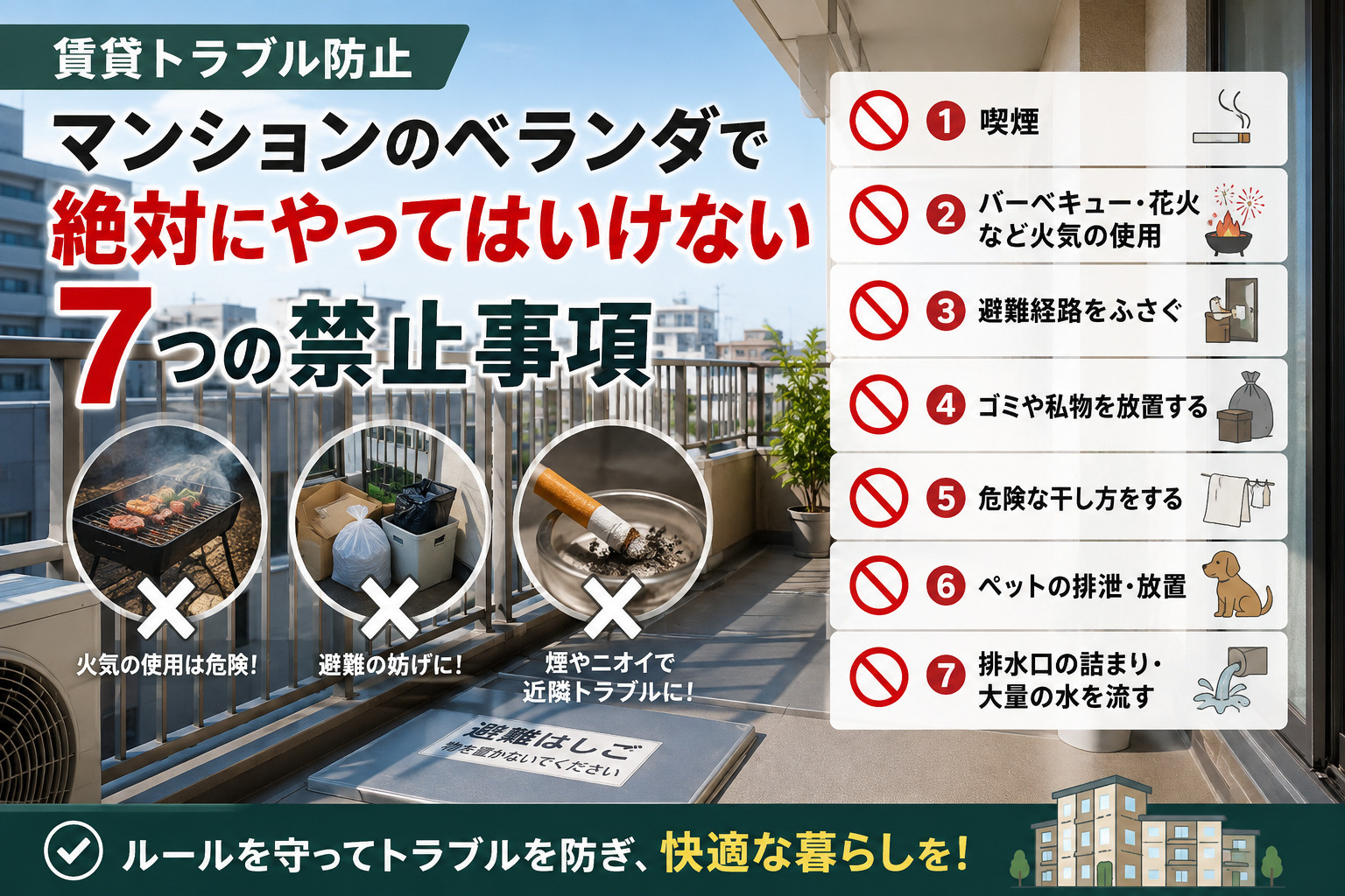 【賃貸トラブル防止】マンションのベランダで絶対にやってはいけない7つの禁止事項の画像