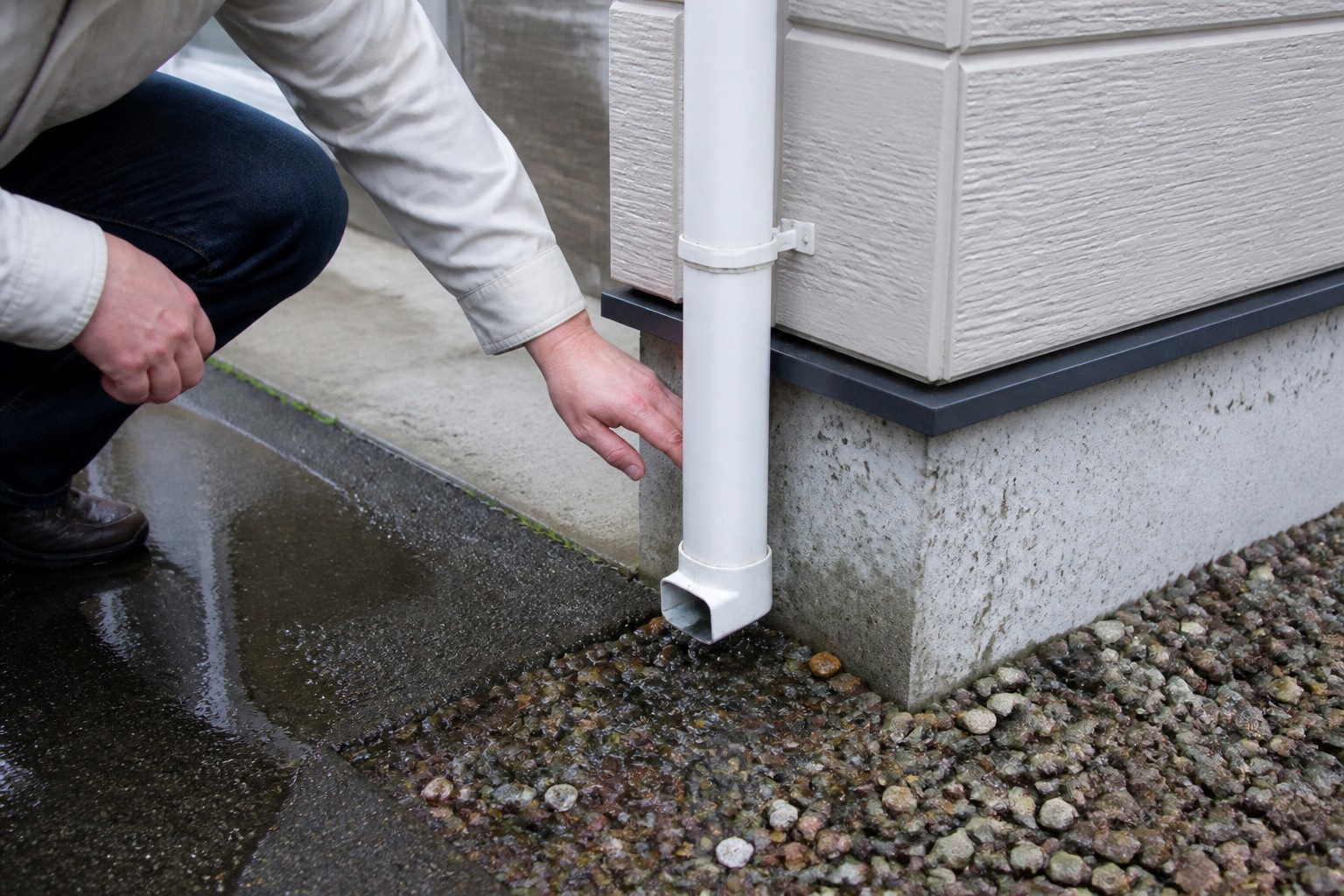 雨どいと基礎周辺の排水を確認する様子