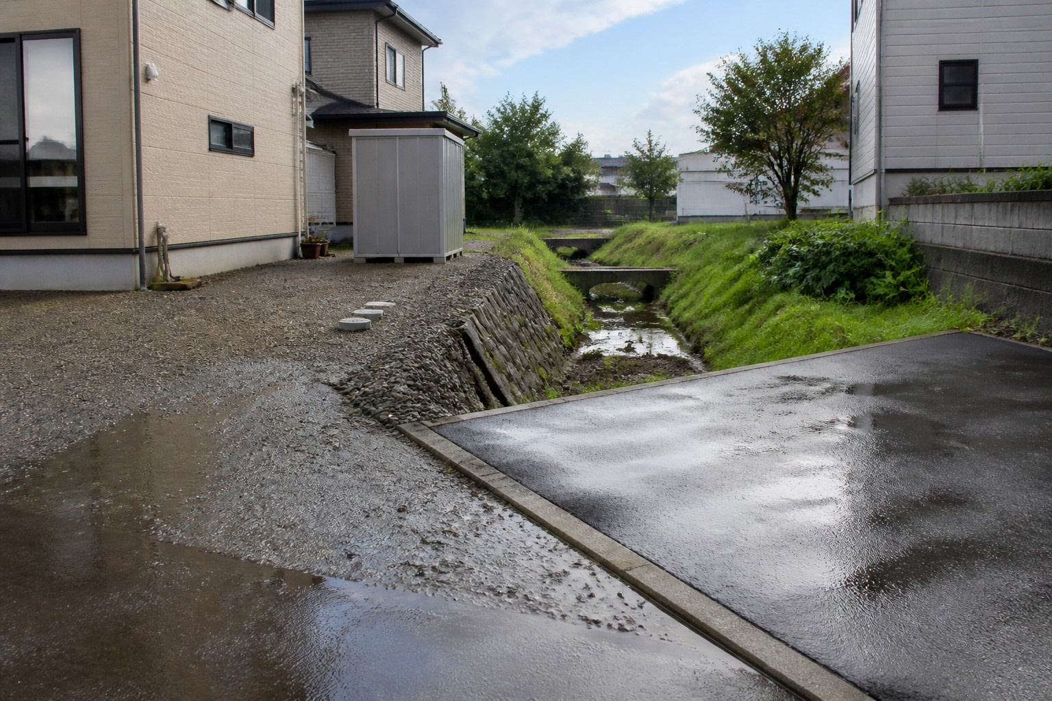 雨上がりの住宅敷地と排水経路