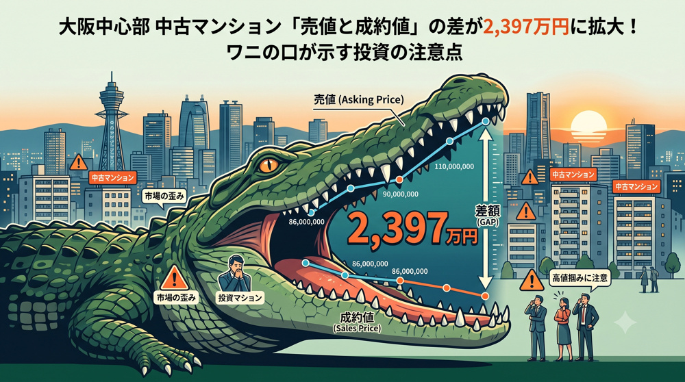 大阪中心部の中古マンション「売値と成約値」の差が2,397万円に拡大！ワニの口が示す投資の注意点の画像
