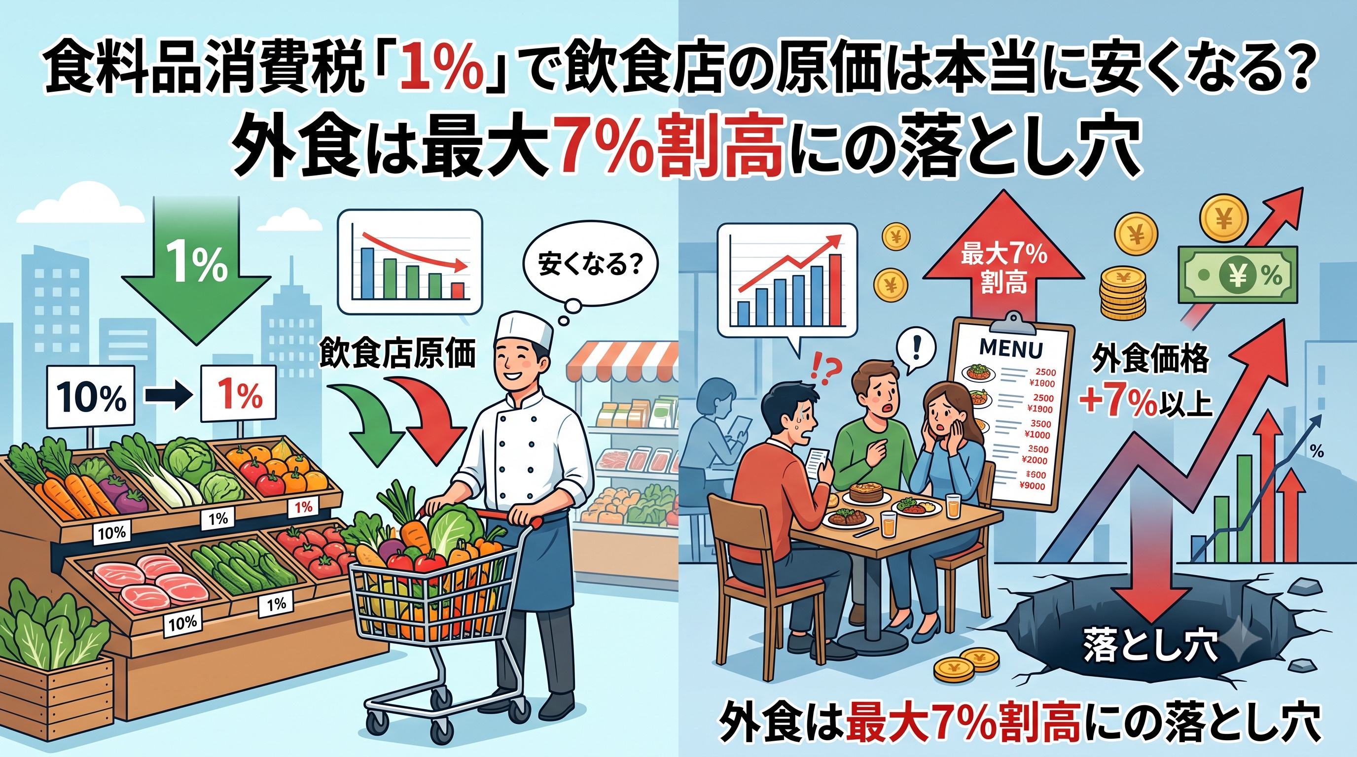 食料品消費税「1%」で飲食店の原価は本当に安くなる？外食は最大7%割高にの落とし穴の画像