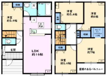1階に居室、2階に4部屋ある間取り図