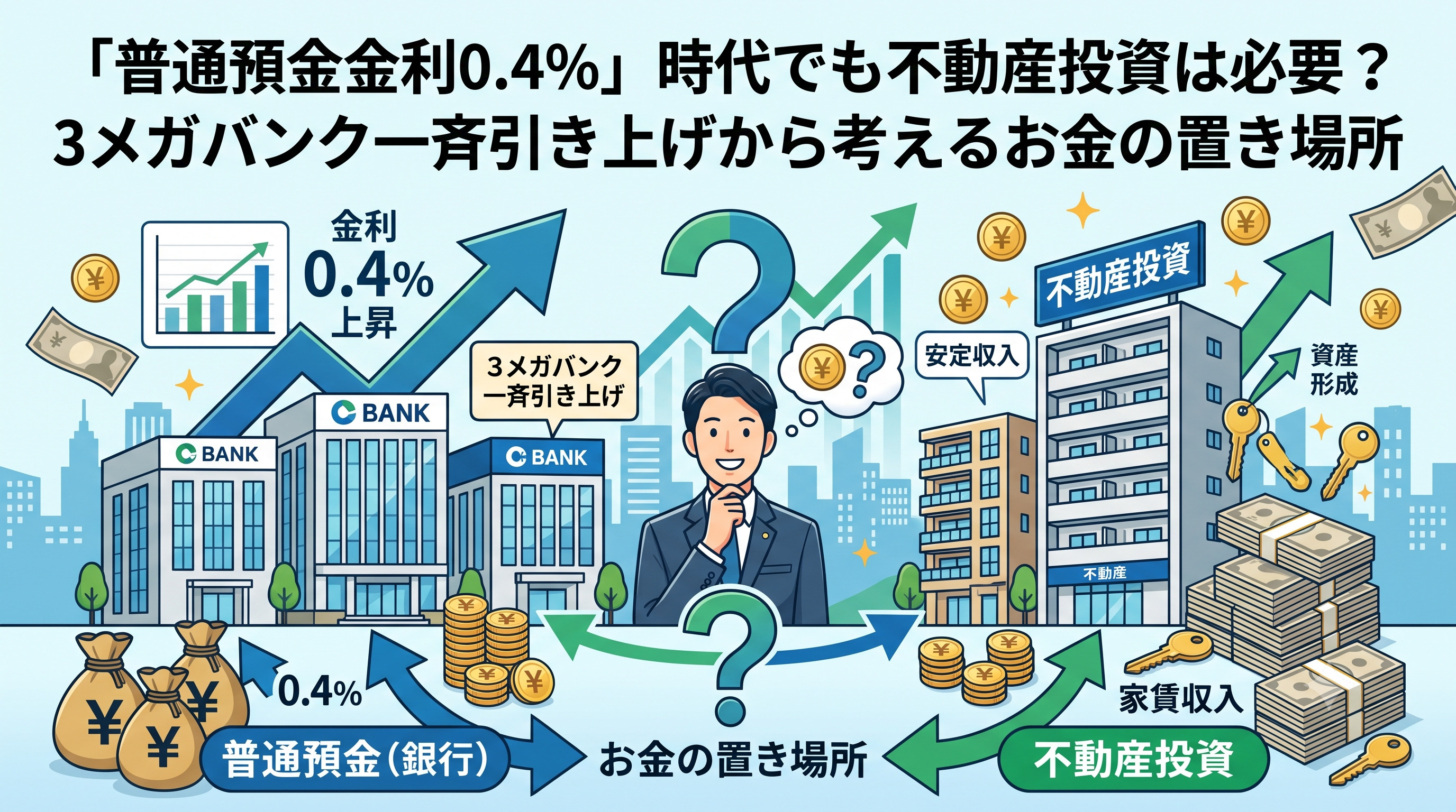 3メガバンクが2026年8月3日から普通預金金利を0.4%に引き上げ（時事通信報道）。日銀の政策金利引き上げの背景と、預金・不動産投資それぞれの特徴をサラリーマン投資家向けにやさしく解説します。の画像