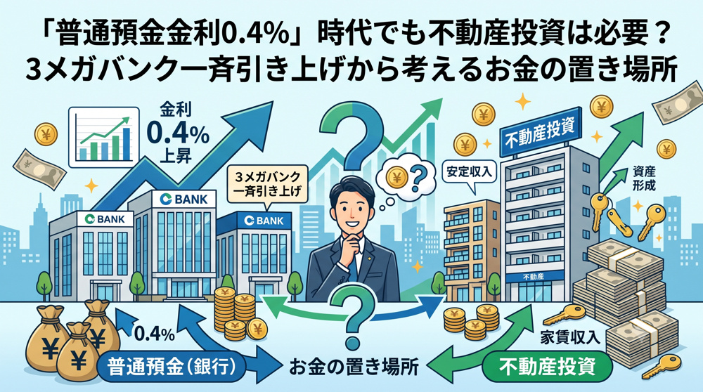 3メガバンクが2026年8月3日から普通預金金利を0.4%に引き上げ（時事通信報道）。日銀の政策金利引き上げの背景と、預金・不動産投資それぞれの特徴をサラリーマン投資家向けにやさしく解説します。の画像