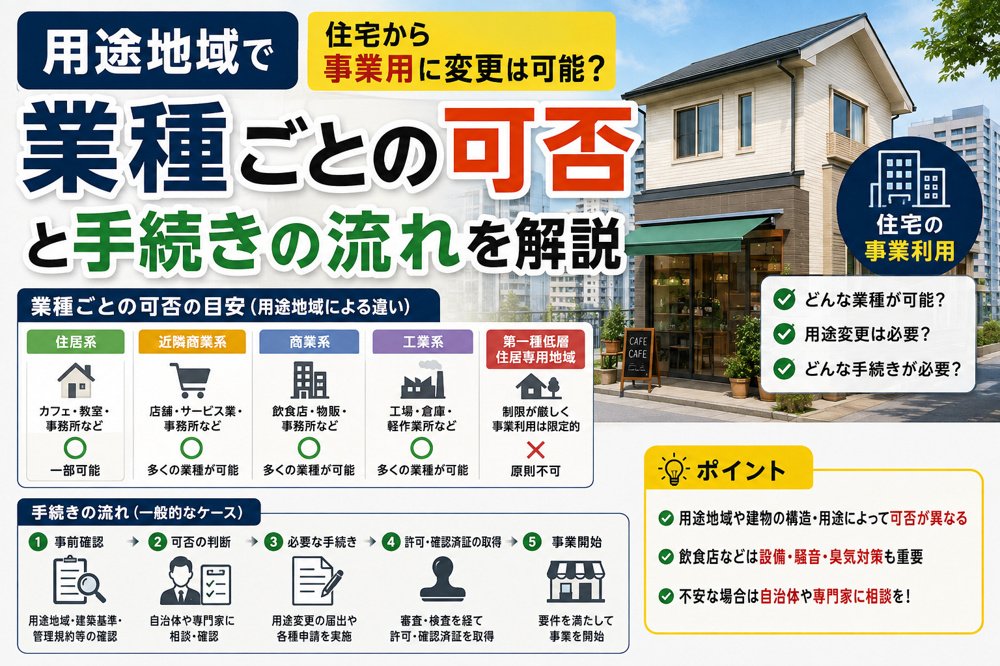 用途地域で住宅から事業用に変更は可能？業種ごとの可否と手続きの流れを解説の画像