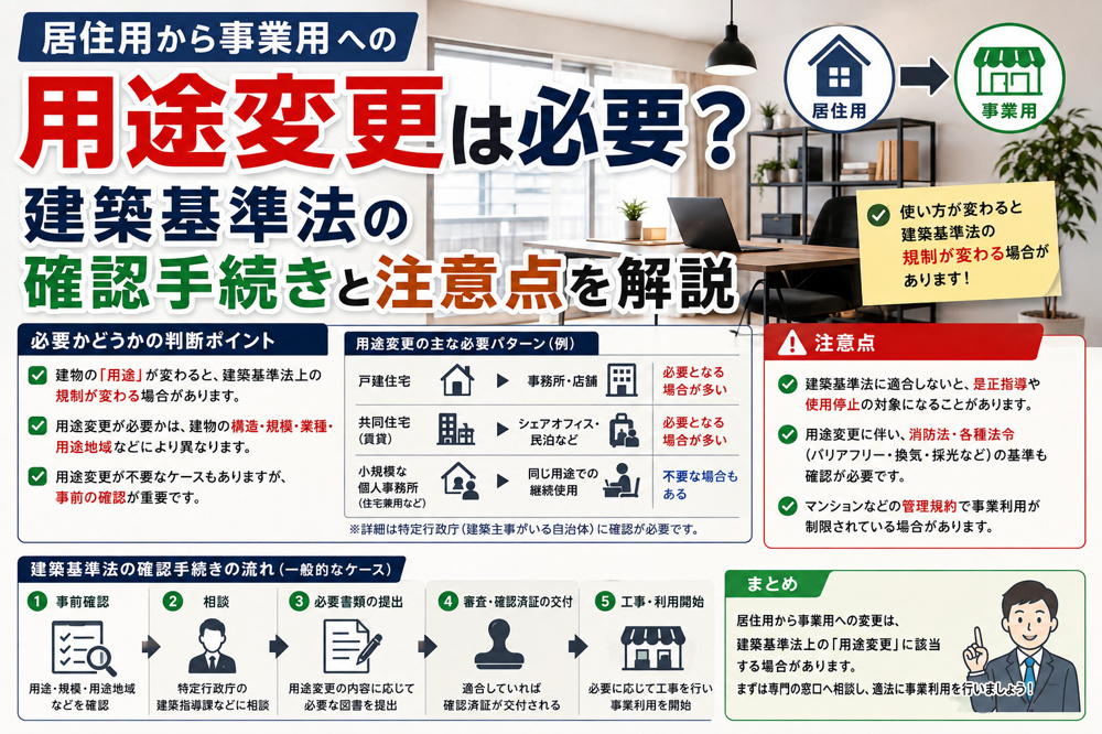 居住用から事業用への用途変更は必要？建築基準法の確認手続きと注意点を解説の画像