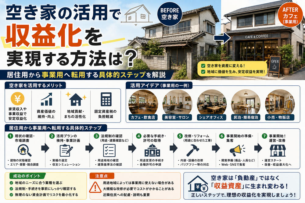 空き家の活用で収益化を実現する方法は？居住用から事業用へ転用する具体的ステップを解説の画像