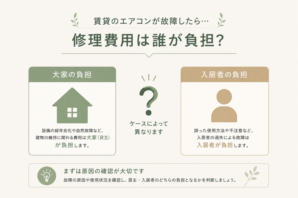 賃貸のエアコンが故障したら修理費用は誰が負担？大家・入居者の負担をわかりやすく解説の画像