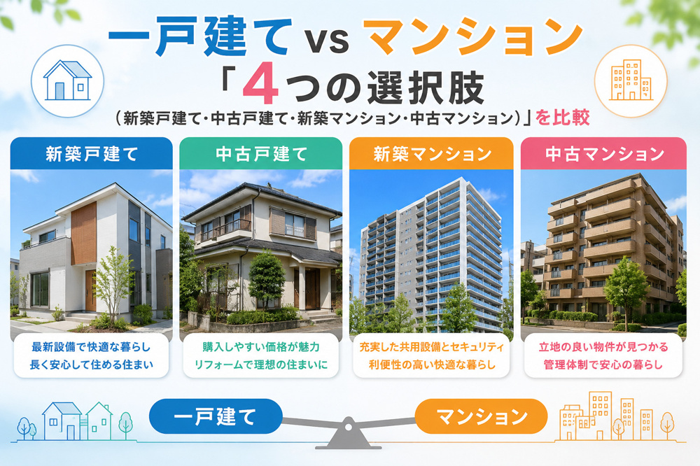 一戸建て vs マンション『4つの選択肢（新築戸建て・中古戸建て・新築マンション・中古マンション）』を比較の画像