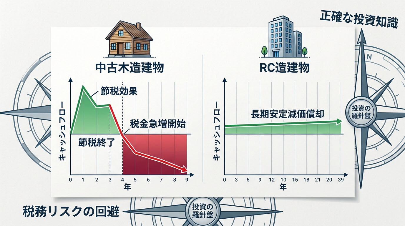 「中古木造（4年で節税終了・その後税金急増）」と「RC造（長期安定節税）」のキャッシュフローの違いを比較したグラフのインフォグラフィック