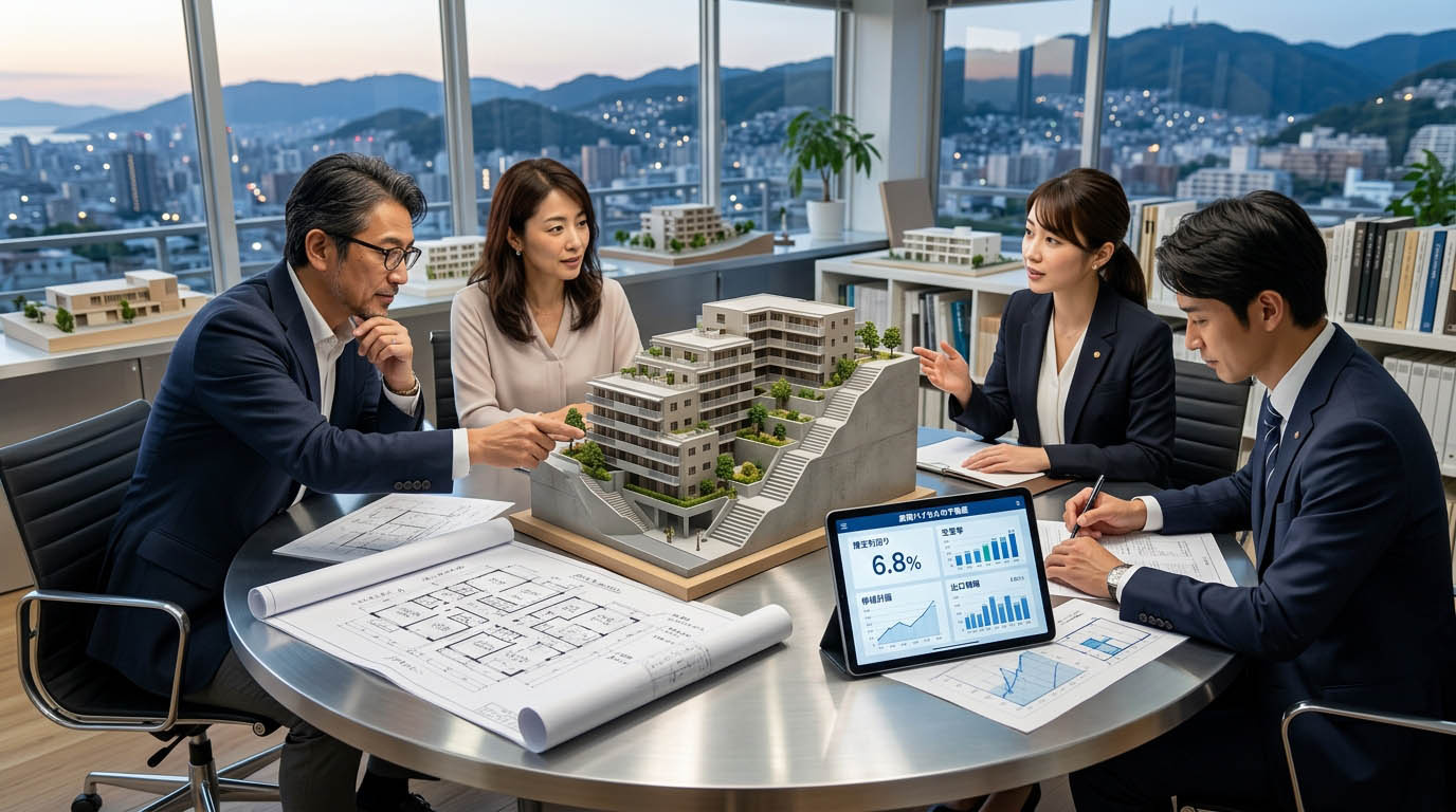 高翔バイセルの不動産担当と建築士が、神戸市の傾斜地でのRC造収益物件の設計図面を広げ、お客様と一緒に利回りや出口戦略について打ち合わせしている様子