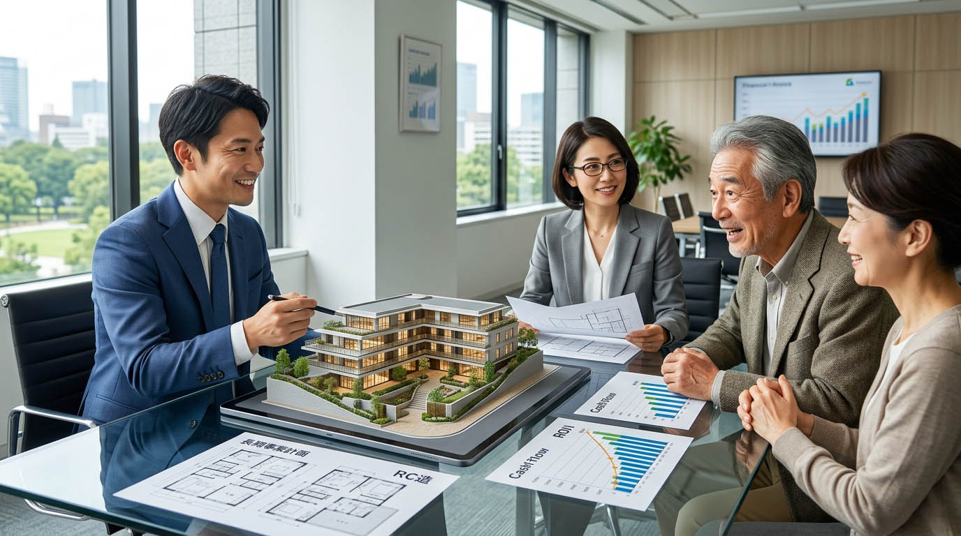 高翔バイセルの不動産担当と建築士が、傾斜地に対応したRC造の高級感あるサ高住の完成予想図をオーナー様に提示し、長期的な事業計画を笑顔で話し合っている様子