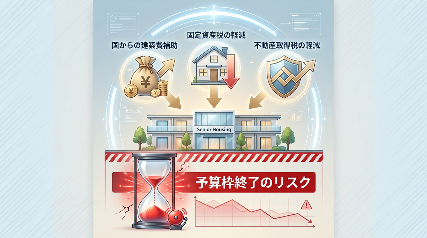 サ高住の建築に伴う「国からの建築費補助」「固定資産税の軽減」「不動産取得税の軽減」という3つの大きなメリットと、その裏にある「予算枠終了」のリスクを視覚的に表現したインフォグラフィック