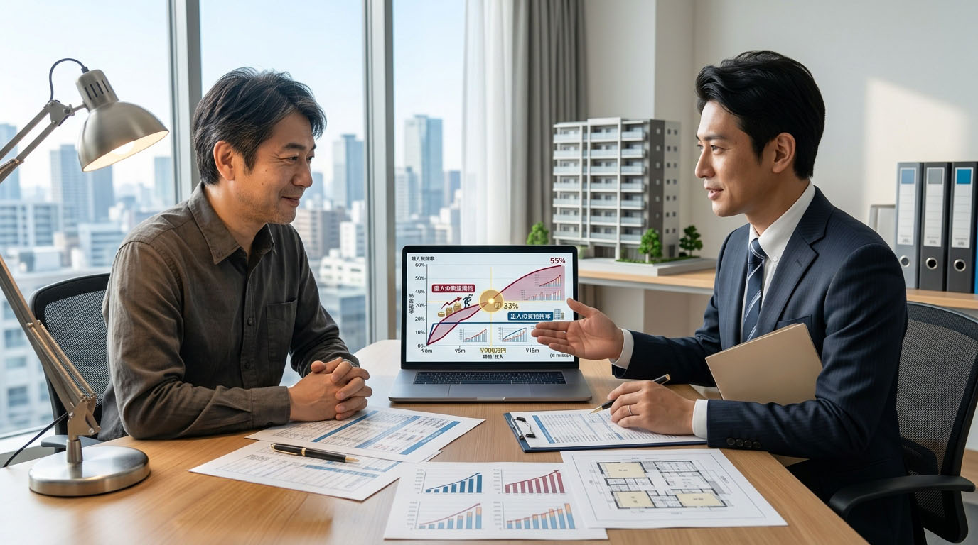 高翔バイセルの不動産担当と連携する税理士が、お客様の現在の収入や物件の収益性をもとに、個人と法人の損益分岐シミュレーションを提示し、最適な名義選びをサポートしている様子