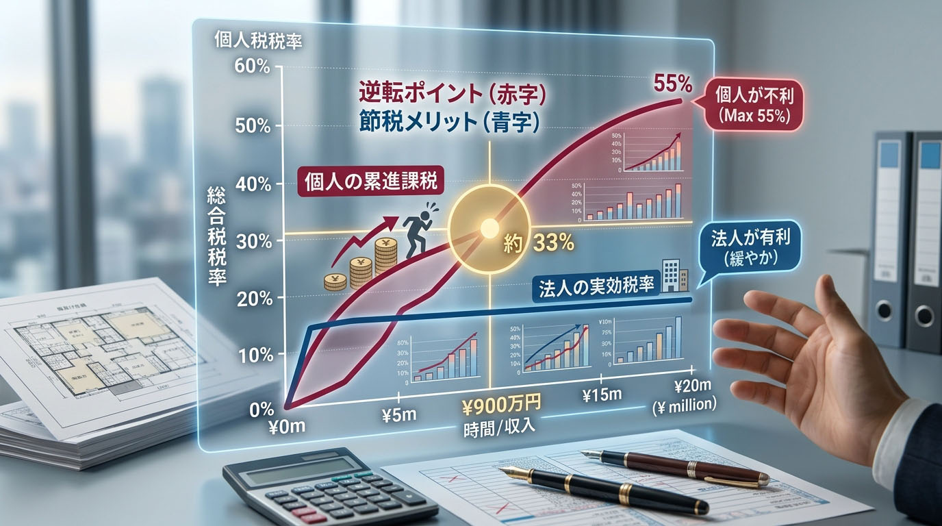 個人の累進課税（所得が上がるほど税率が最大55%まで急上昇するグラフ）と、法人の実効税率（一定水準で緩やかに推移するグラフ）が、所得900万円付近で逆転することを示したインフォグラフィック