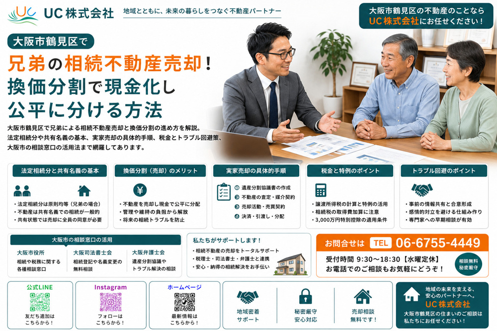 大阪市鶴見区で兄弟の相続不動産売却！換価分割で現金化し公平に分ける方法の画像