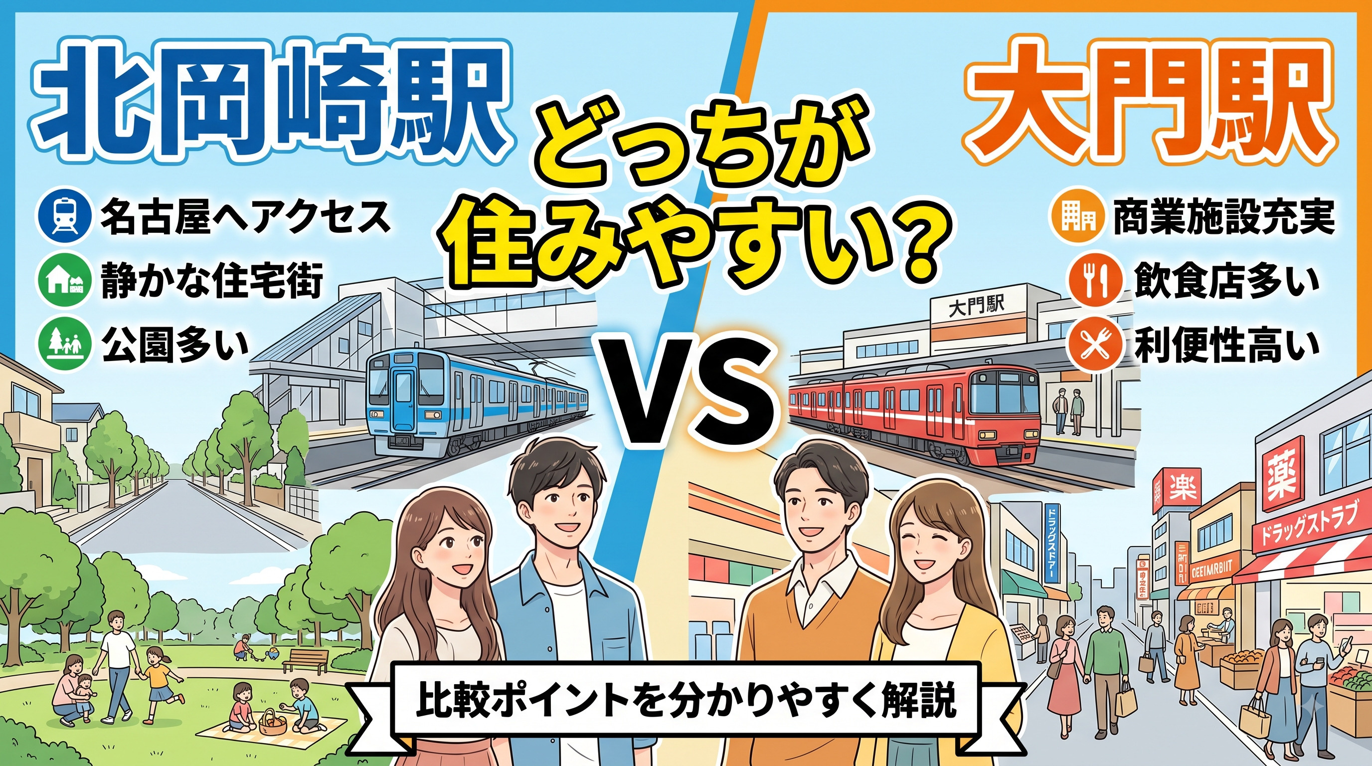 北岡崎駅と大門駅どっちが住みやすい?比較ポイントを分かりやすく解説の画像