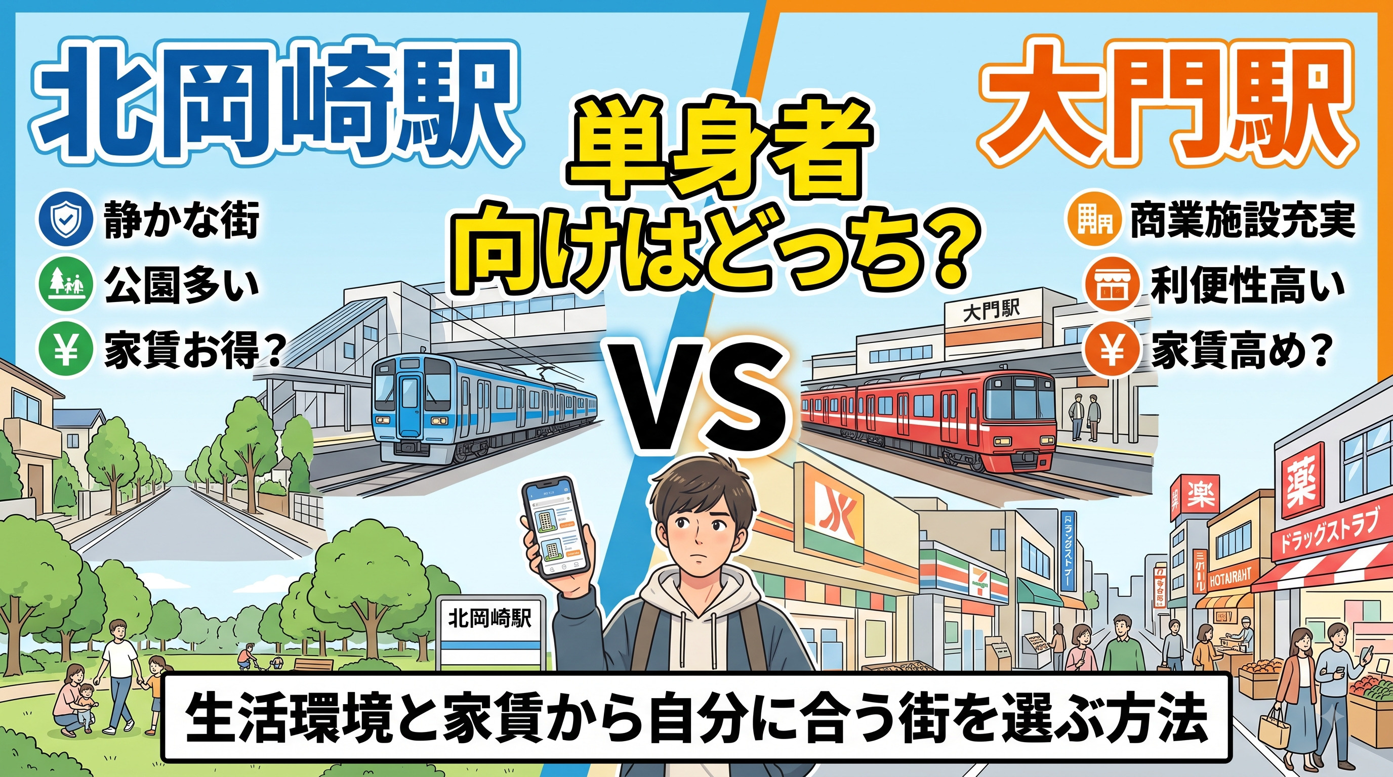 北岡崎駅と大門駅はどちらが単身者に向いている駅?生活環境と家賃から自分に合う街を選ぶ方法の画像