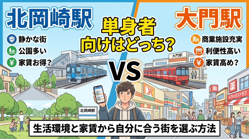 北岡崎駅と大門駅はどちらが単身者に向いている駅？生活環境と家賃から自分に合う街を選ぶ方法の画像