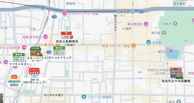 JR奈良駅東口の周辺施設マップ（KOHYO・ダイコクドラッグ・スタバ等）